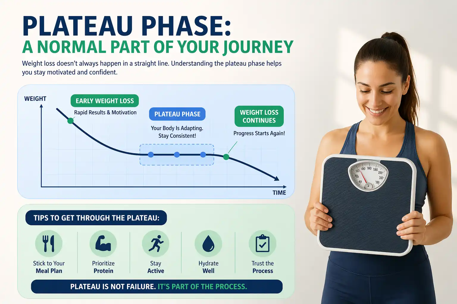 Gastric sleeve plateau phase infographic showing timeline, causes and strategies